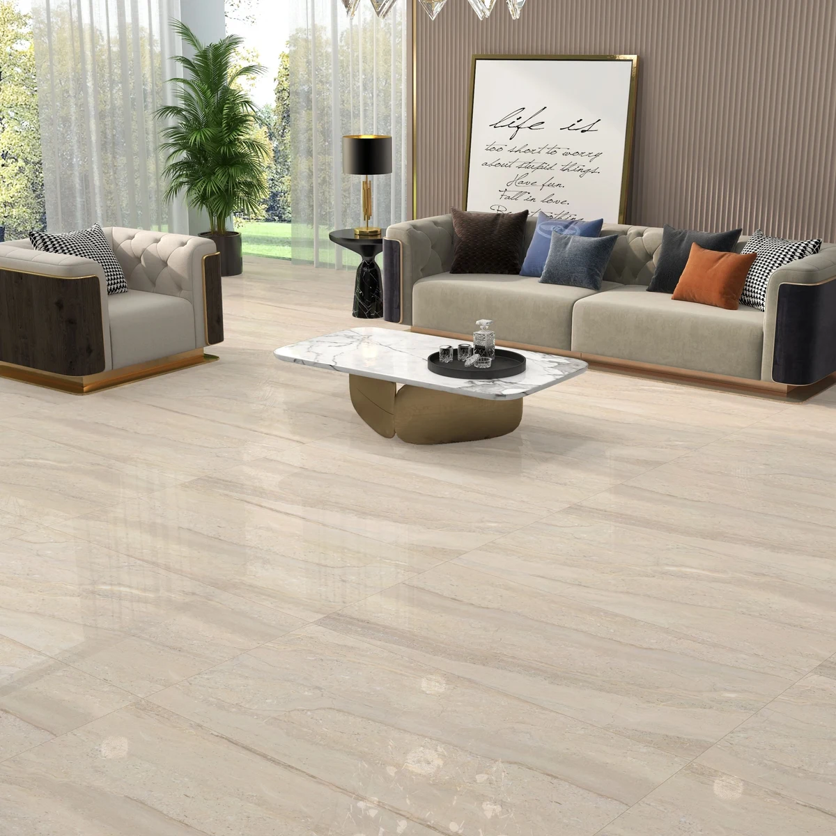 Living room floored with vitrified porcelain tile